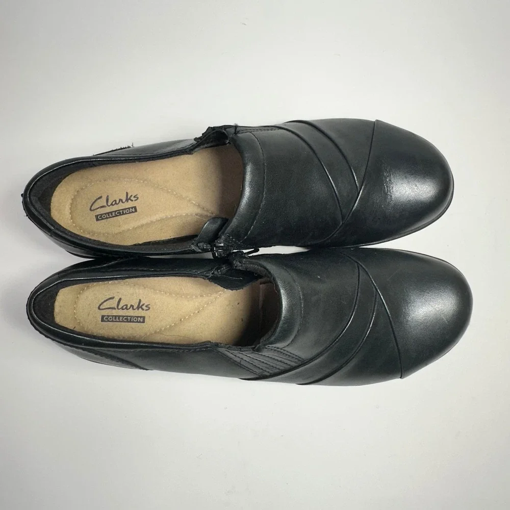 Clarks Collection Black Leather Wedge Loafers Side Zip Shoes Womens Size 8 M